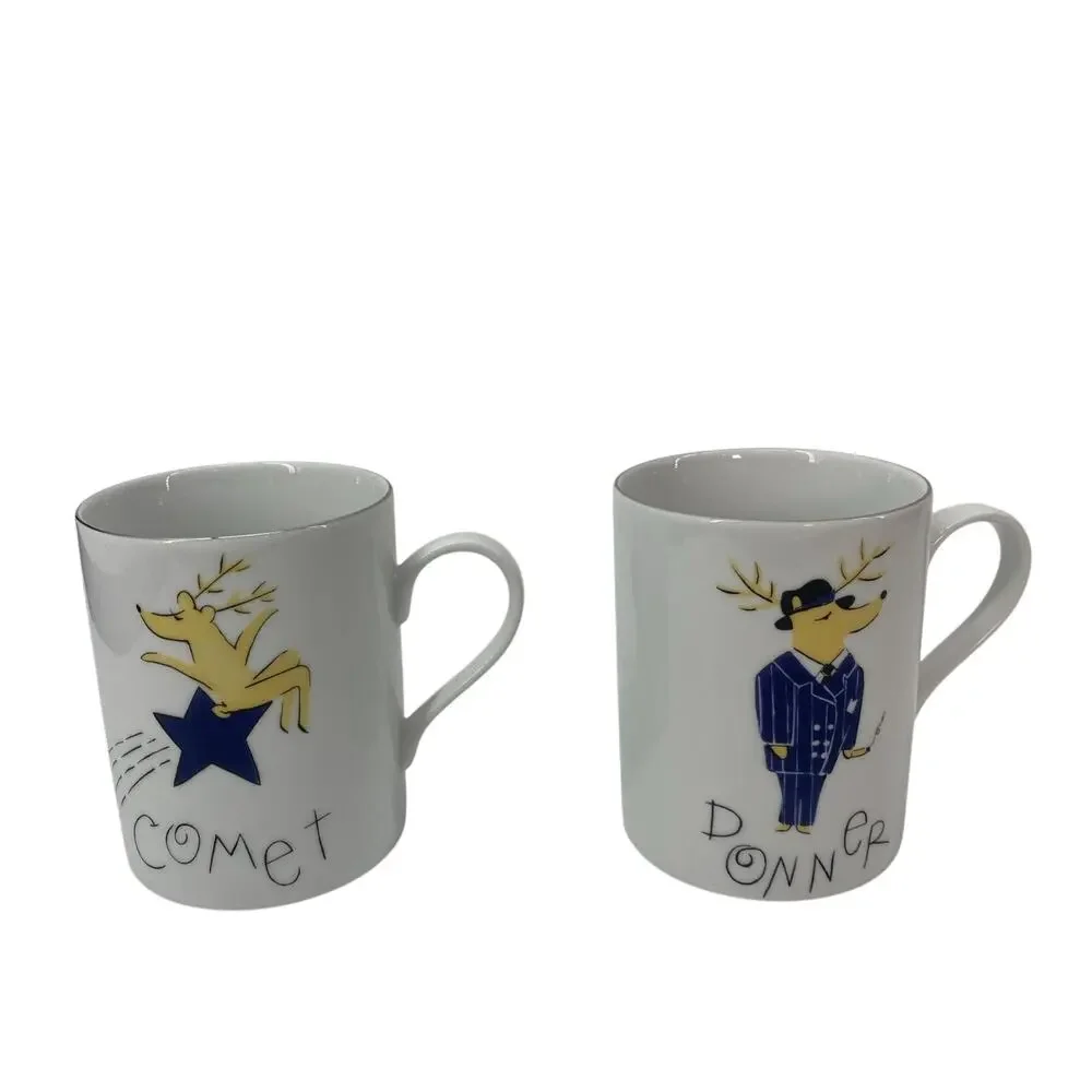 Pottery Barn Christmas Reindeer Mugs (2) Comet & Donner